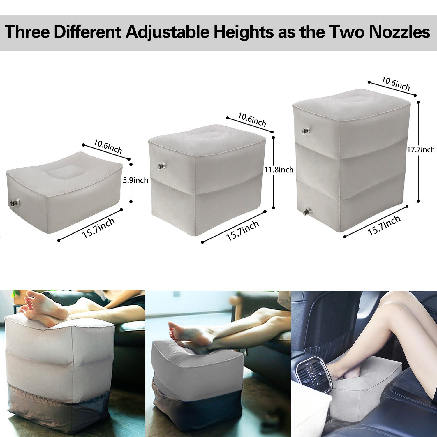 Inflatable Leg Rest Pillow Footrest Air Travel Cushion with 3 Adjustable Height for adults, Kids, Children Lay Down or Sleep on Long Flights, Cars, Buses, Trains, Office Napping, Home, Camping