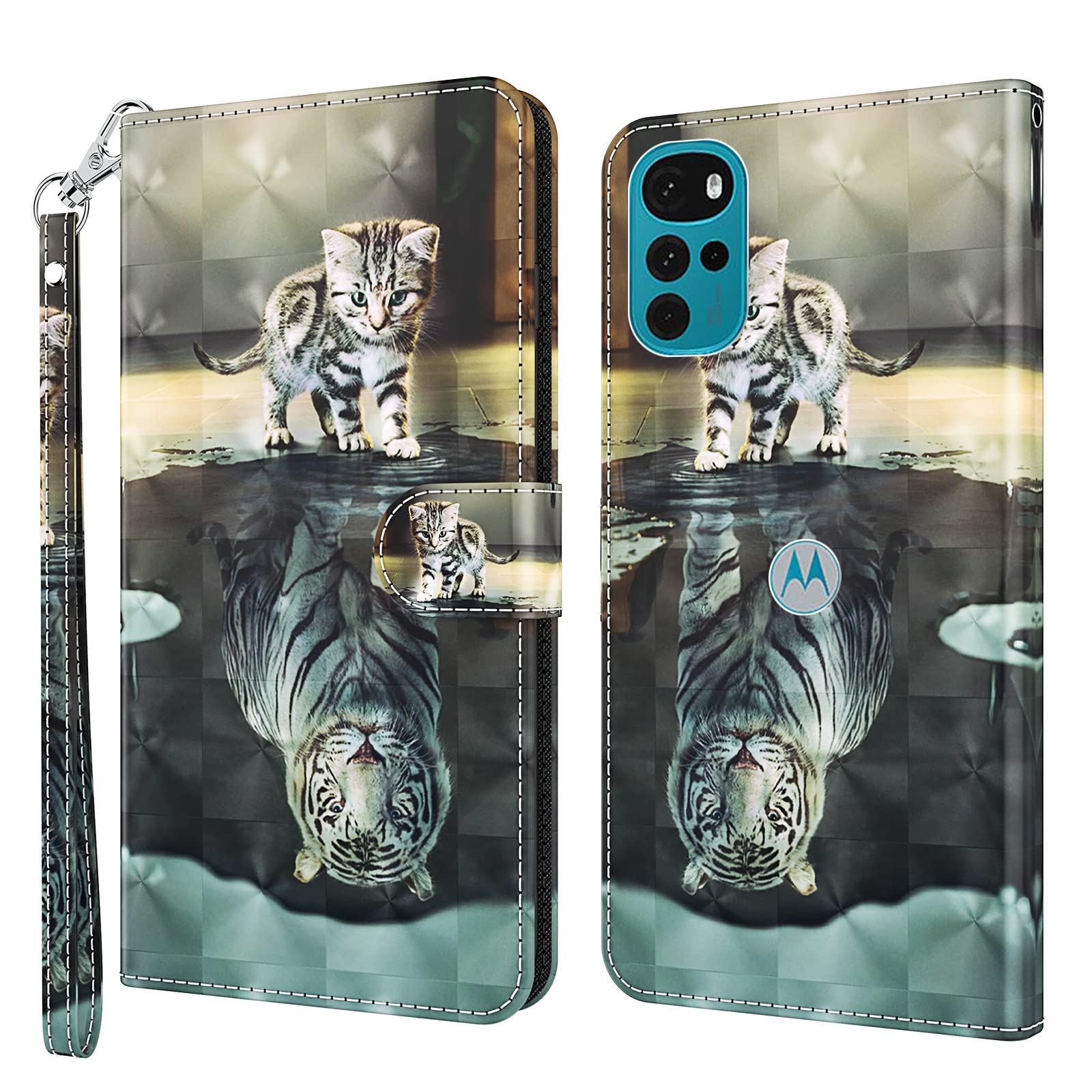 GLANDOTU Case for Motorola Moto G22 6.5 inch, Flip Folio Wallet PU Leather Cover with Magnetic Button, Standing Function Full-Body Protective for Moto G22 Phone Cases 【Cat & tiger】