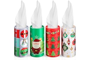 Yexiya 4 Pcs Christmas Car Tissue Holder with Facial Tissue Bulk Xmas Cylinder Car Tissues Boxes Round Tube Face Towel Holiday Napkins Box for Travel Home