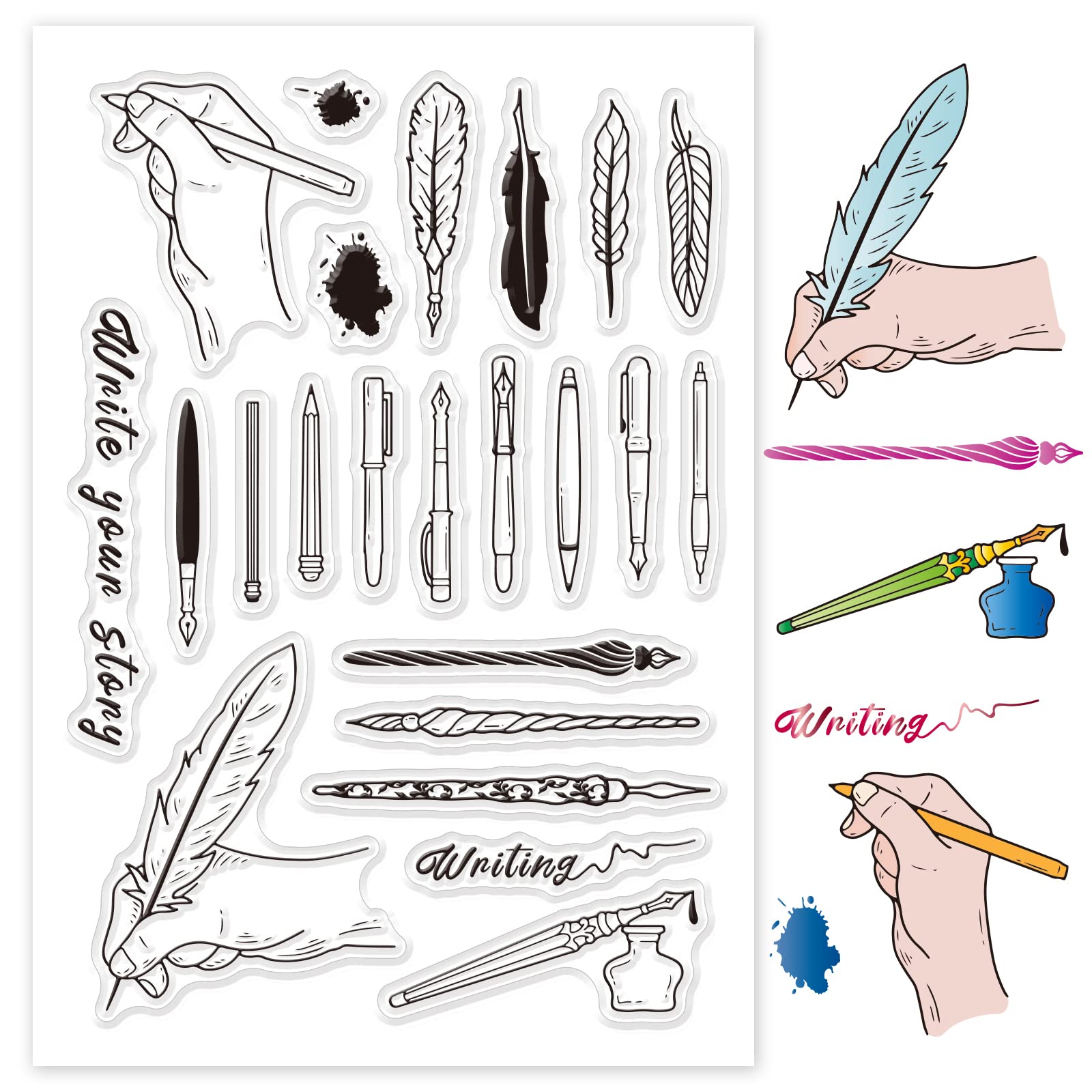 GLOBLELAND Quill Pen Feathers Pen Pattern Silicone Clear Stamps for Card Making Vintage Style Clear Silicone Stamp Seals Transparent Stamps for Scrapbooking Photo Album Card Decor