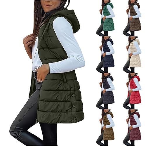 Gilet For Women Uk Lightweight Sleeveless Puffer Jackets Ladies Long Hooded Gilet Full Zip Cozy Padded Jacket Casual Packable Waistcoat Women Transitional Quilted Coats Winter Thermal Badywarmer