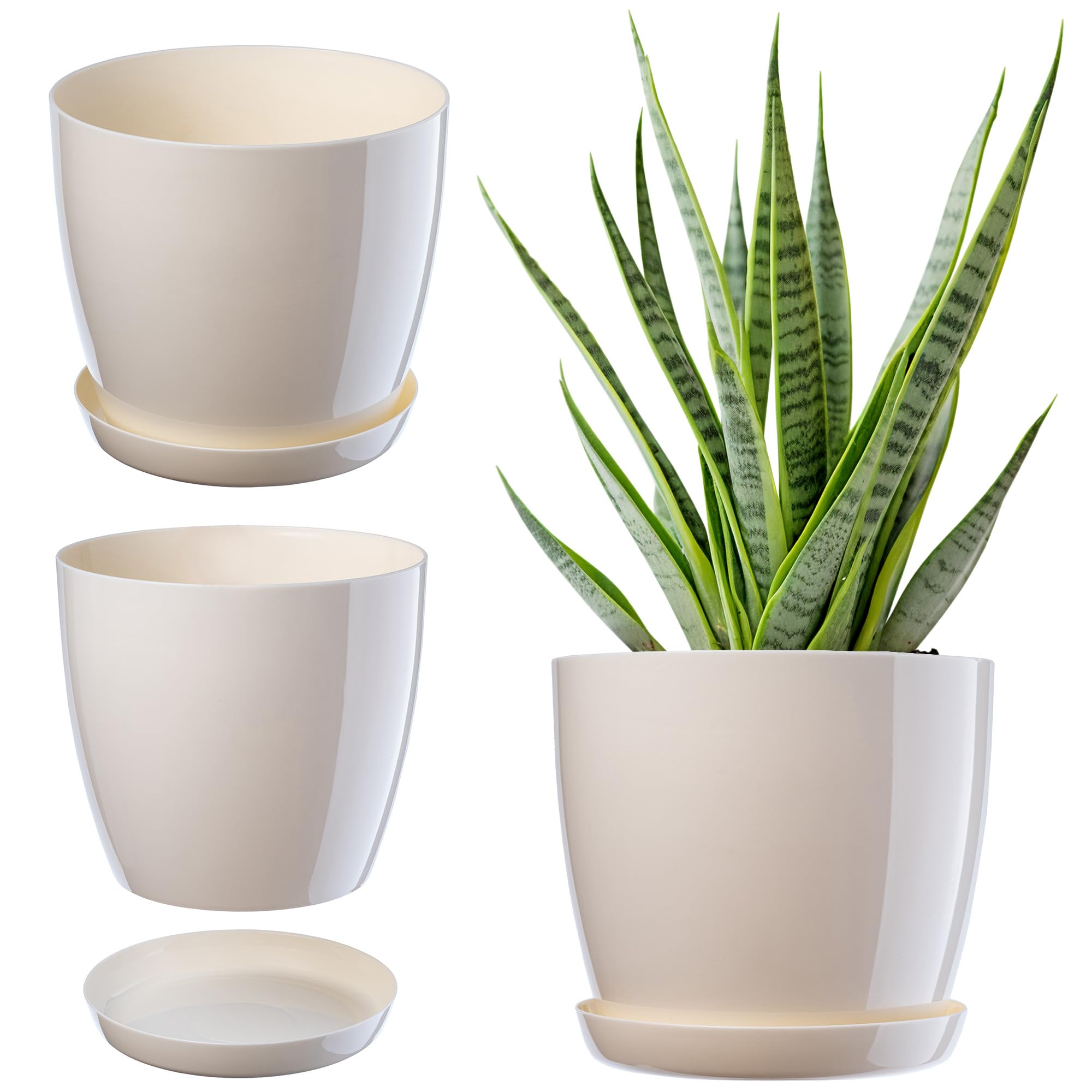 KADAX Plant Pot, Plastic Flowerpot with matching Tray, Indoor Planter in several colours, Lightweight and Waterproof Pot for Office and Living Room (⌀20cm, Cream)