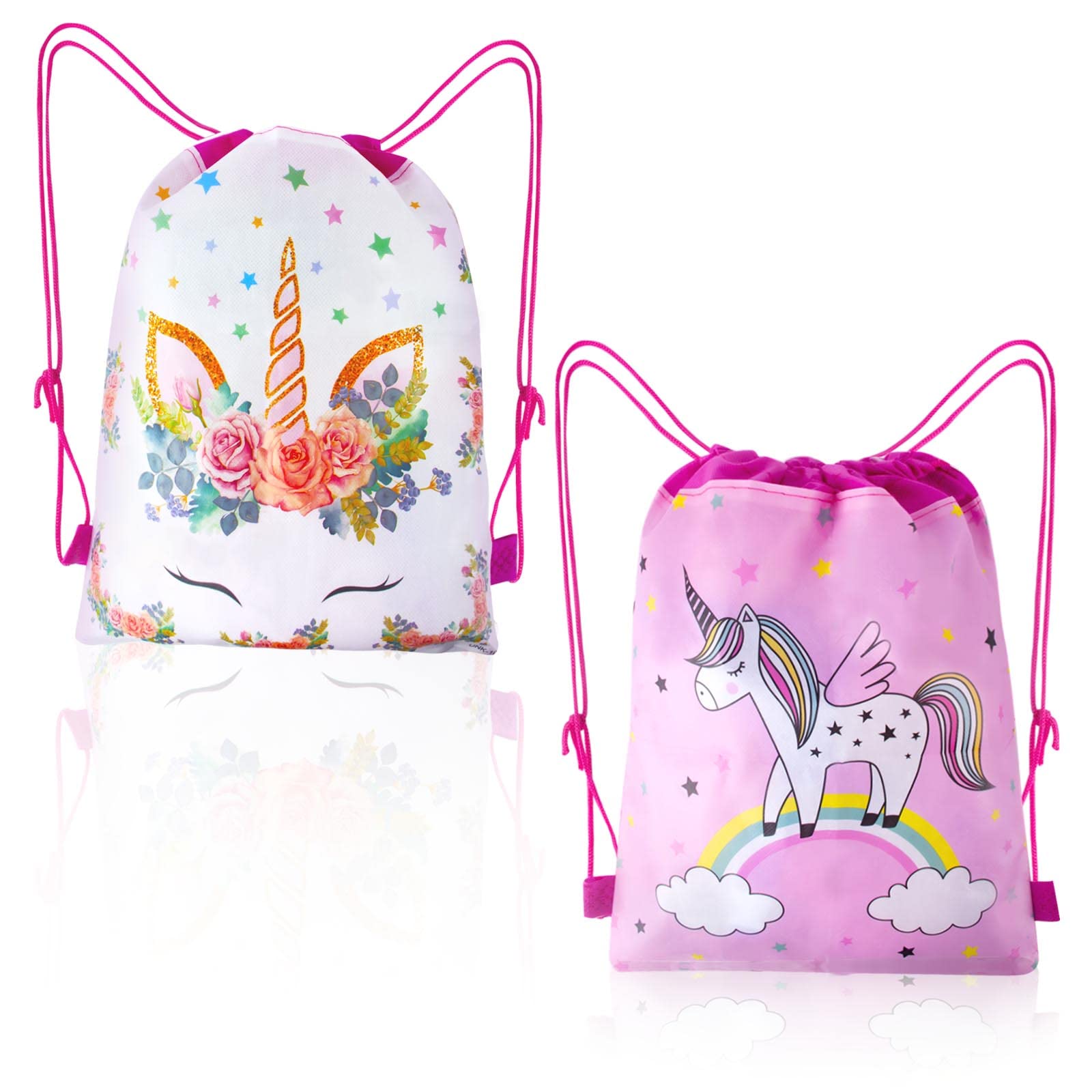 AYNKH 2PCS Unicorn Backpack for Kids, Lightweight Pink Drawstring Waterproof Cartoon Bag for Pool School Camping Trip Outdoor