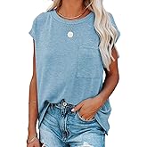 Diukia Women's Summer Casual Crewneck Solid Color Pocket T Shirts Loose Batwing Short Sleeve Tee Tops Blouses