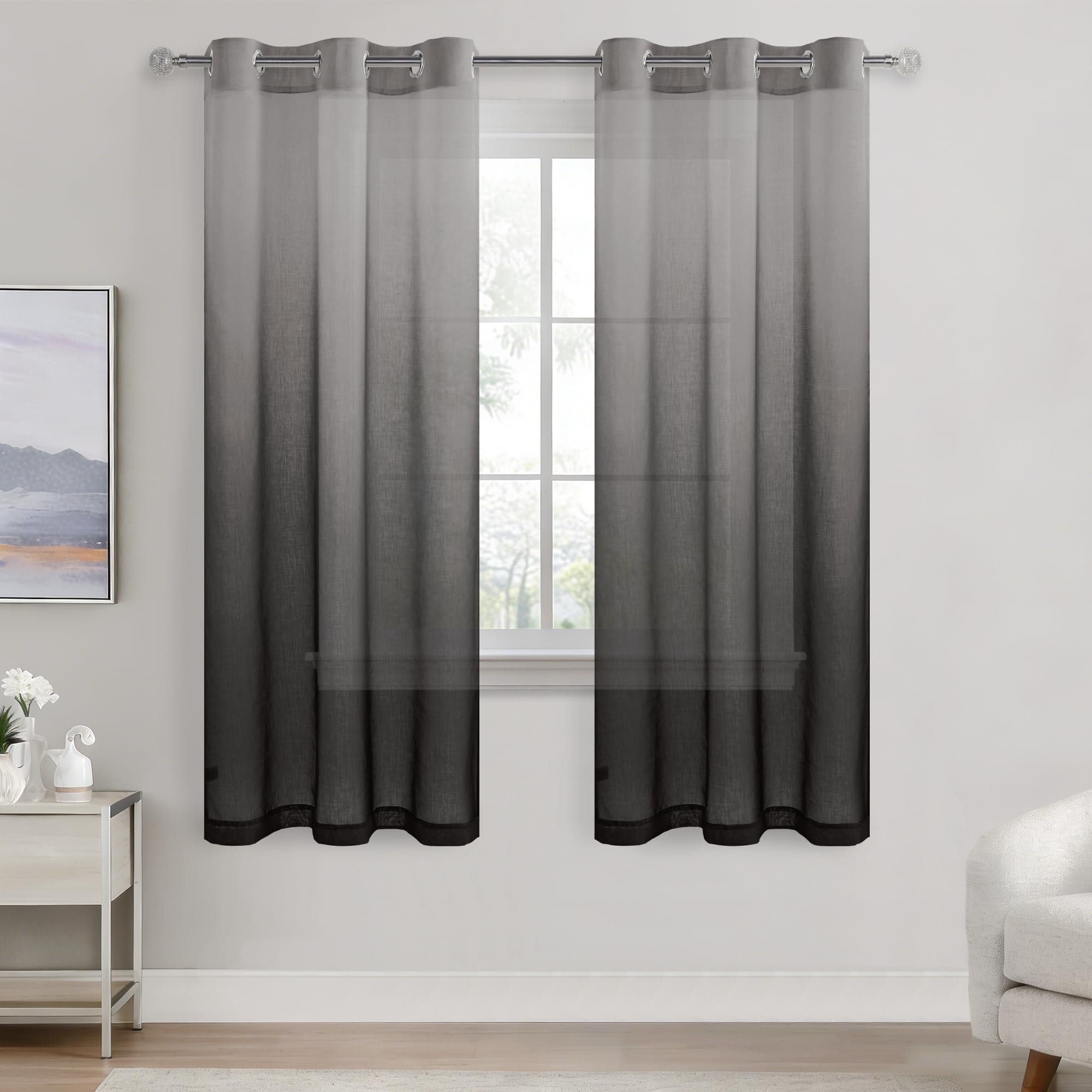 DWCN Sheer Voile Curtains 72 Drop Eyelet Net Curtains for Windows for Bedroom Living Room, Black Gradient, Set of 2, 46 x 72 Inches