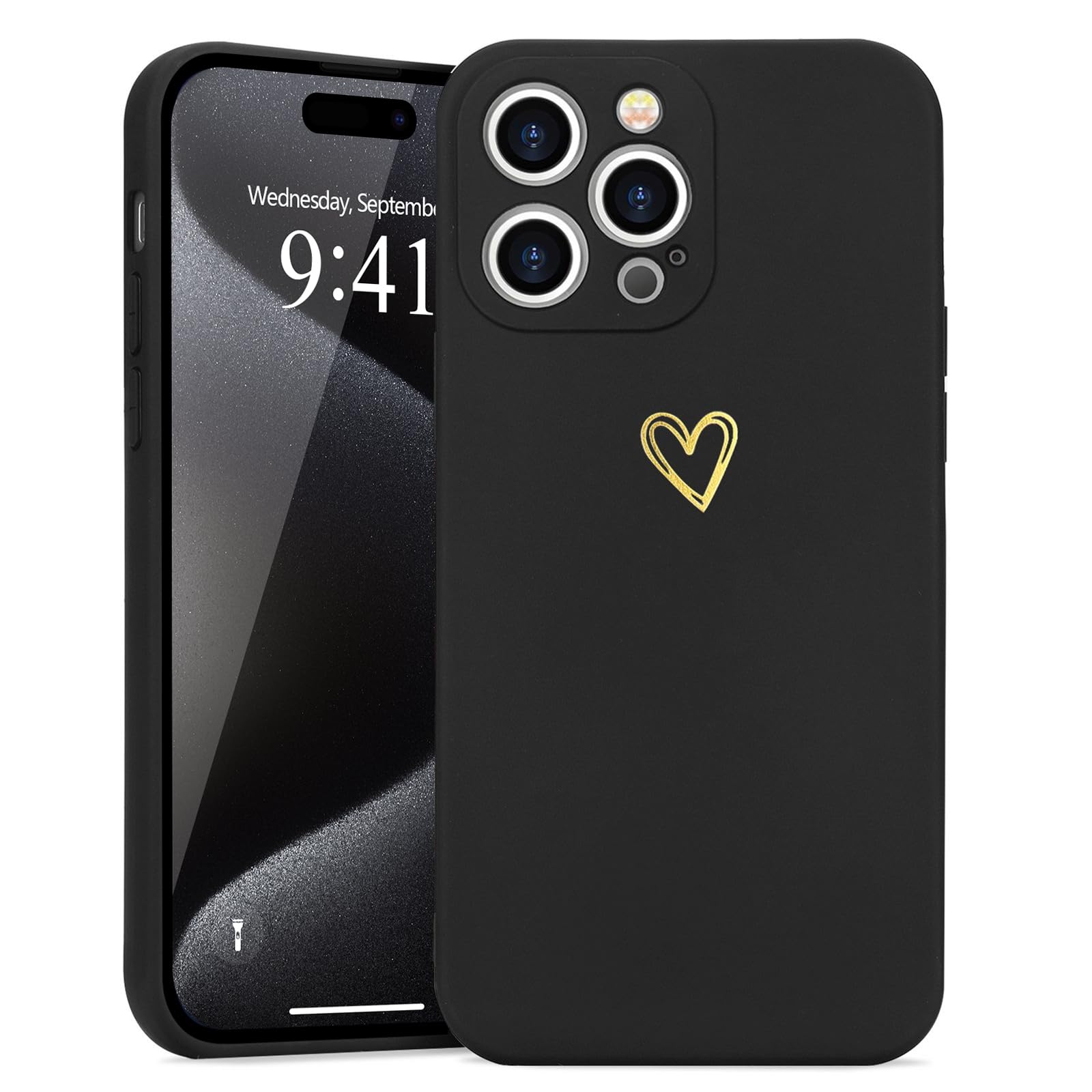 Wirvyuer for iPhone 15 Pro Max Case Cute Heart Pattern Soft Shockproof Protective Silicone Phone Case for Women Girls, Black — image 1