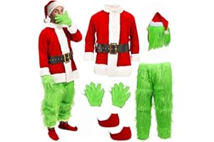 Hqroidd 6Pcs Adult Green Furry Costume, Christmas Elf Santa Furry Mask Outfit Gloves Hat, Xmas Fancy Dress Party Cosplay Suit