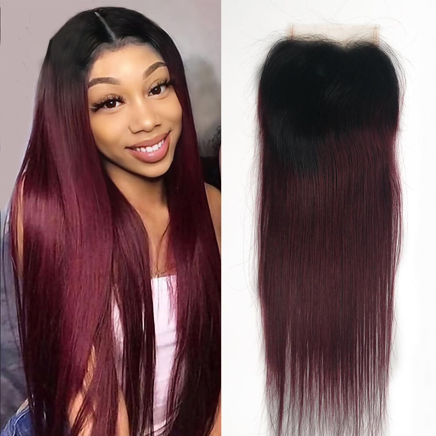 Brazilian Hair Ombre Dark Roots To Burgundy Red #1B99j 4x4 Lace Closure Soft Hair Straight 1b/99J Closure 16 inch