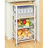 Giwil Vegetable Fruit Basket for Kitchen Pantry Organizers Storage, 4-Tier Utility Rolling Cart on Wheels with Wood Rack and Drawer Wire Baskets for Onions Potatoes Snacks, White