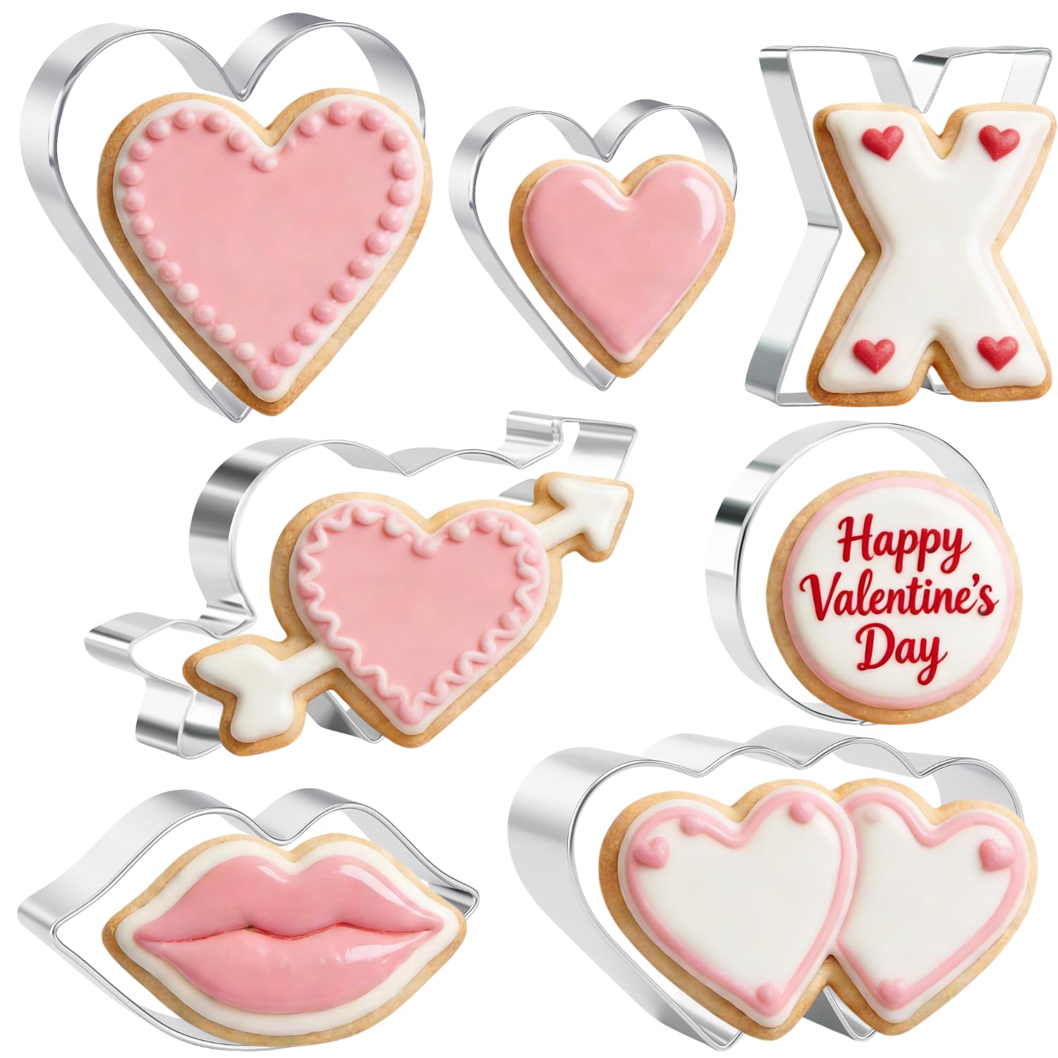 Valentine's Day Cookie Cutter Set - 7 Piece Valentine Stainless Steel Cookie Cutters Mold, Lips, Heart with Arrow, Double Heart, X and O for Couple Party Dating