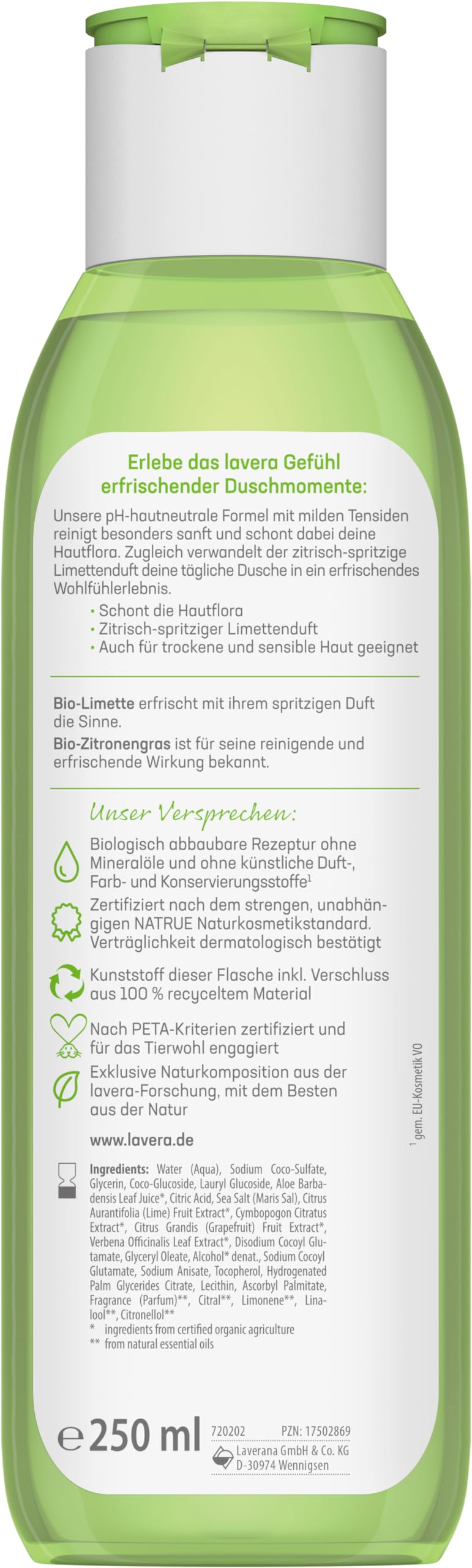 lavera Pflegedusche Erfrischend – sanfte Reinigung mit Bio-Limette & Bio-Zitronengras, belebt die Sinne und schenkt Frische – vegan & dermatologisch getestet – 250 ml 7