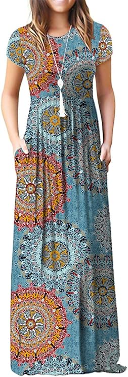 VIISHOW Women's Short Sleeve Floral Print Scoop Neck Loose Plain Maxi Dresses Casual Long Dresses with Pockets(Floral Mix Blue L) best women's spring dresses
