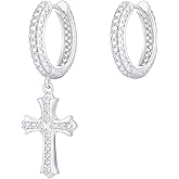 KRKC&CO Dangle Cross Earrings for Men, Sterling Silver/Gold Plated Hoop Earrings, Cubic Zirconia, Hypoallergenic Jewelry, Birthday Gift for Him, Women