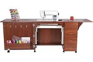 ARROW SEWING CABINETS Arrow Classic Sewing Furniture Harriet Full-Size Sewing Cabinet with Hydraulic Machine Lift, Drawers, Expandable Leaves, Locking Wheels - Teak