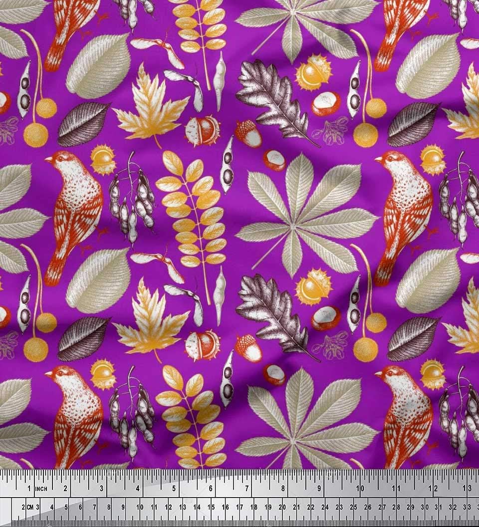 Soimoi Lila Moos Georgette Stoff Vogel, Eiche & Herbstlaub Drucken