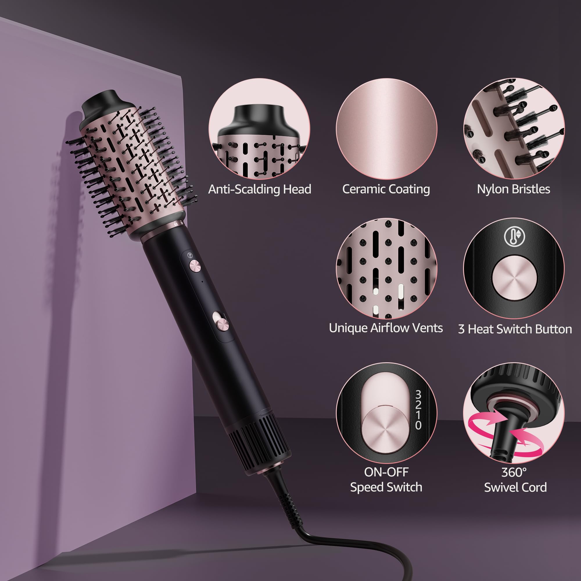 SKIMI Hair Dryer Brush and Blow Dry Brush, Multi-Hot Air Styler with 110000RPM Brushless Motor, Hot Air Brush for Fast Drying Curling Volumizing Straightening & Styling, High-Speed (Black & Pink)