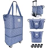 Drvoon Expandable foldable duffel bag suitcase, detachable rolling wheels,carry-on large duffel bag,luggage bag,suit gym,camping,travel or business trip,Gift for wife and parents-Checkerboard(BLUE)