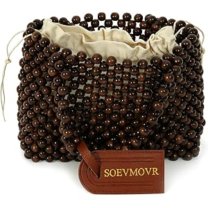 SOEVMOVR Women's Wooden Brown Beaded Bag Handmade Fashion Handbags | Small Handmade Vintage Tote Bag Elegant Summer Purses Wo