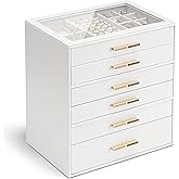 VLANDO 6 Layer Jewelry Box for Women, Glass Lid Jewelry Organizer with 6 Drawers for Necklaces Rings Earrings Bracelets - White