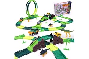 LANSAND 245 pcs Dino Race Car Track Dinosaur Toys for Kids 3-5, Road Race with Flexible Train Track Playset, 2 Electric Dinosaur Race Cars Toy