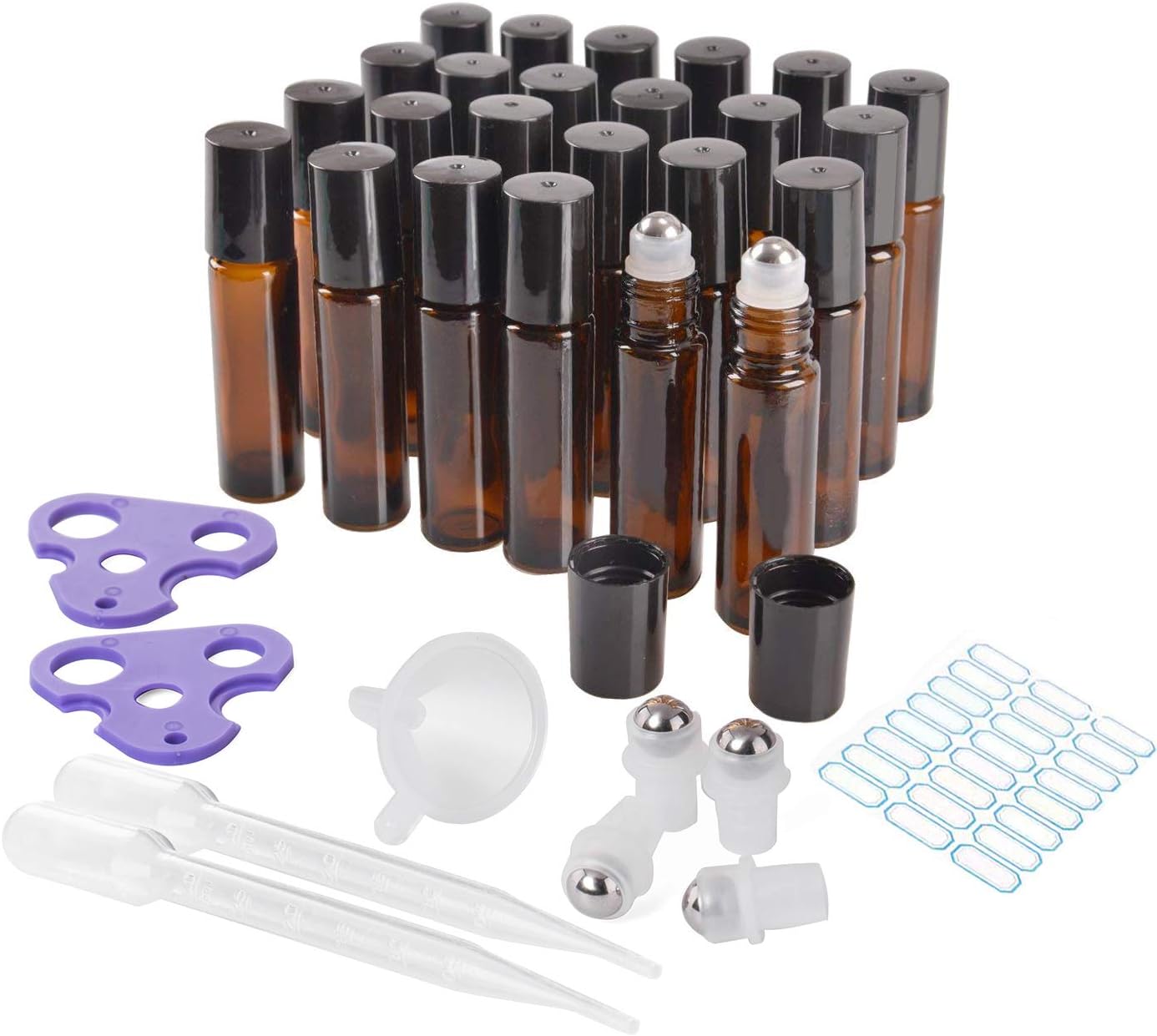 Amber Glass Roller Bottles,Metal Roller Ball Bottles with Black Cap,24 Pack 10 ml Roller Balls Bottles,Perfect for Perfume Oils and Mosquito Repellent Liquid