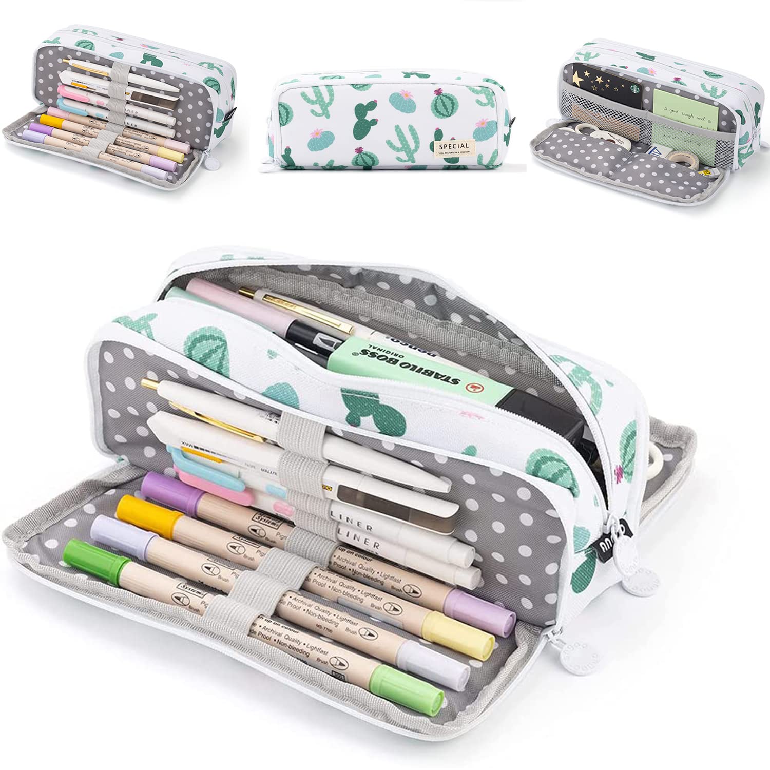 Pencil Case for Girls Boys with 3 Compartments Large Pencil Case with 3 Compartments for Kids Students Adults Office Makeup Gift, in The Cactus, L, Modern and Funky