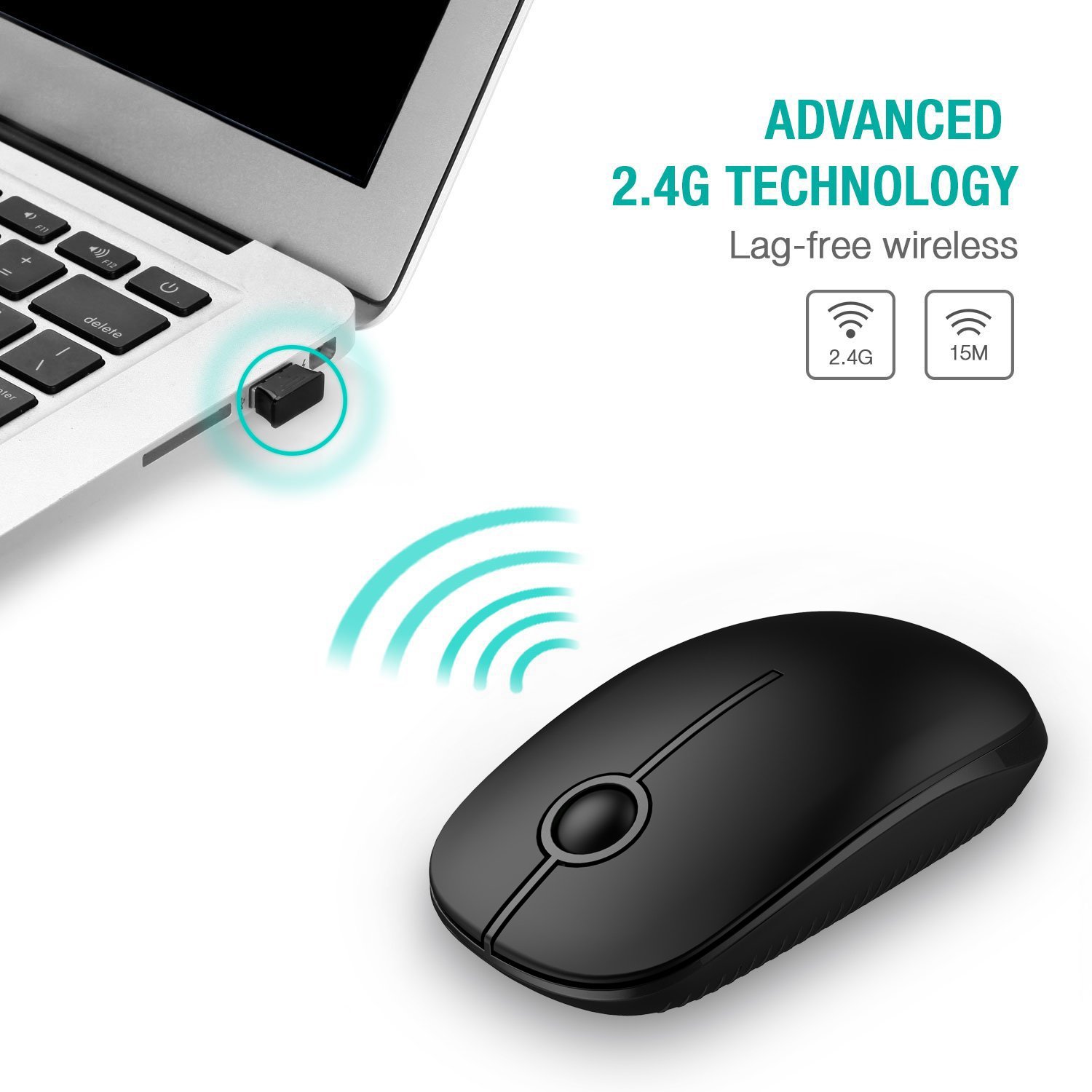 Vssoplor Wireless Mouse, 2.4G Slim Portable Computer Laptop Mouse with Nano Receiver Quiet Silent Optical Mice for Notebook, PC, Laptop, Computer-Black