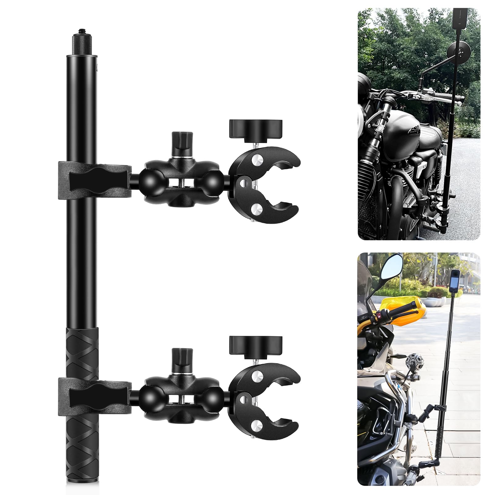 PULUZ Motorcycle Bike Handlebar Mount Kit with Double Clamp & 1.5M Invisible Selfie Stick Telescopic for Insta360 X4 X3 X2 GO 3 One RS Action Camera Handlebar Holder Bundle for Riding Records