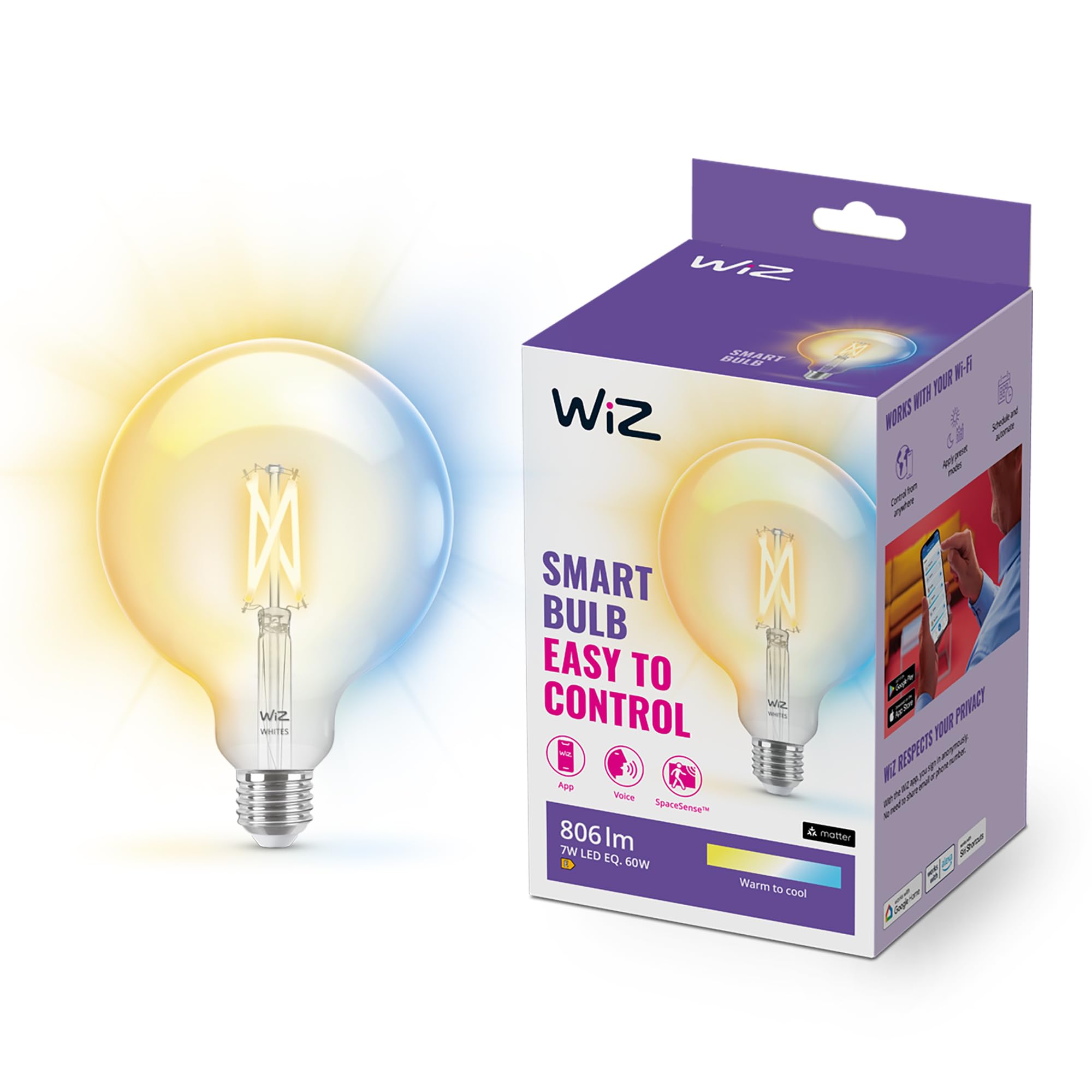WiZ Smart Bulb, E27 Globe LED Bulb, mart Dimming LED 100W, Connected WiFi Works with Alexa, Google Assistant & HomeKit, App Control for Livingroom, Bedroom, Dining Room, Energy Monitoring
