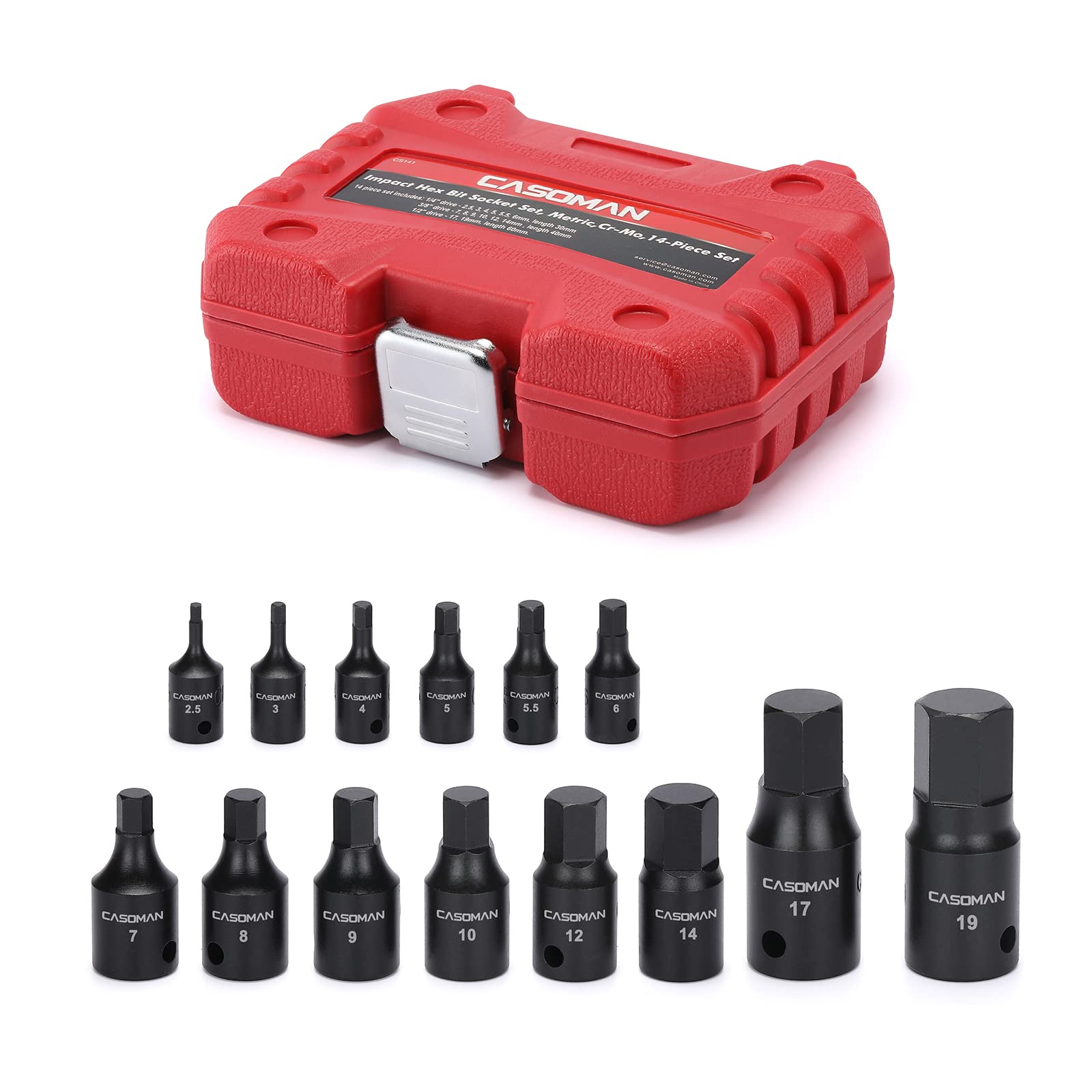 CASOMAN Impact Hex Bit Socket Set, 14-Piece Set, 1/4", 3/8" and 1/2" Drive, Metric, Cr-Mo, 2.5mm to 19mm