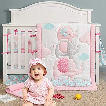 pink grey elephant baby bedding