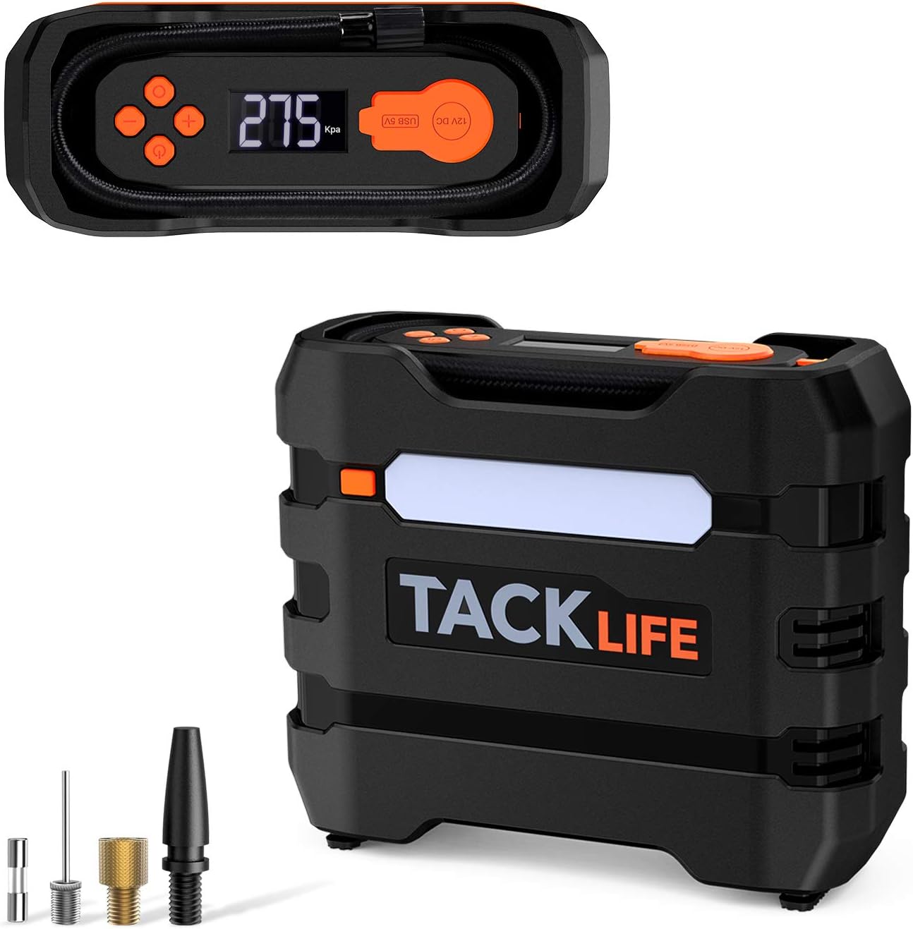 TACKLIFE Portable Tire Inflator Air Compressor, 12V Mini Electric Pump with Overheating Protection, LCD Display, LED Light, 3 Nozzles and Spare Fuse: Automotive