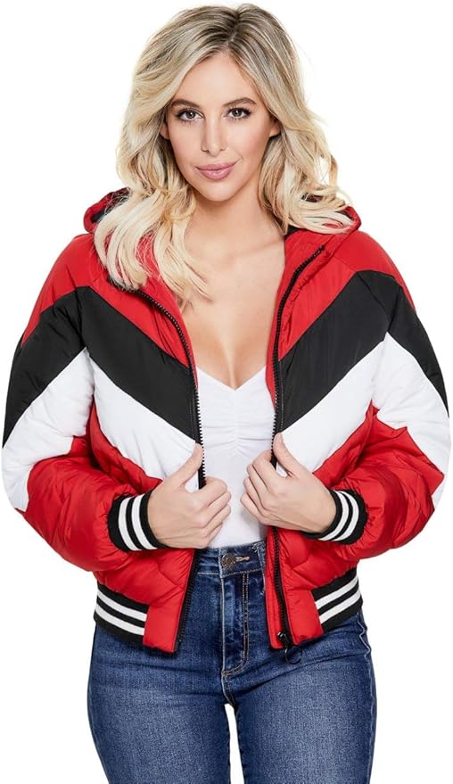 GUESS Factory Women's Luna Color-Block Puffer Jacket at Amazon Women's Coats Shop