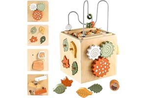 Wooden Activity Busy Cube Montessori Toys for Babies, 6-in-1 Baby Development Toys, Sensory Shape Sorter Blocks, Early Educat