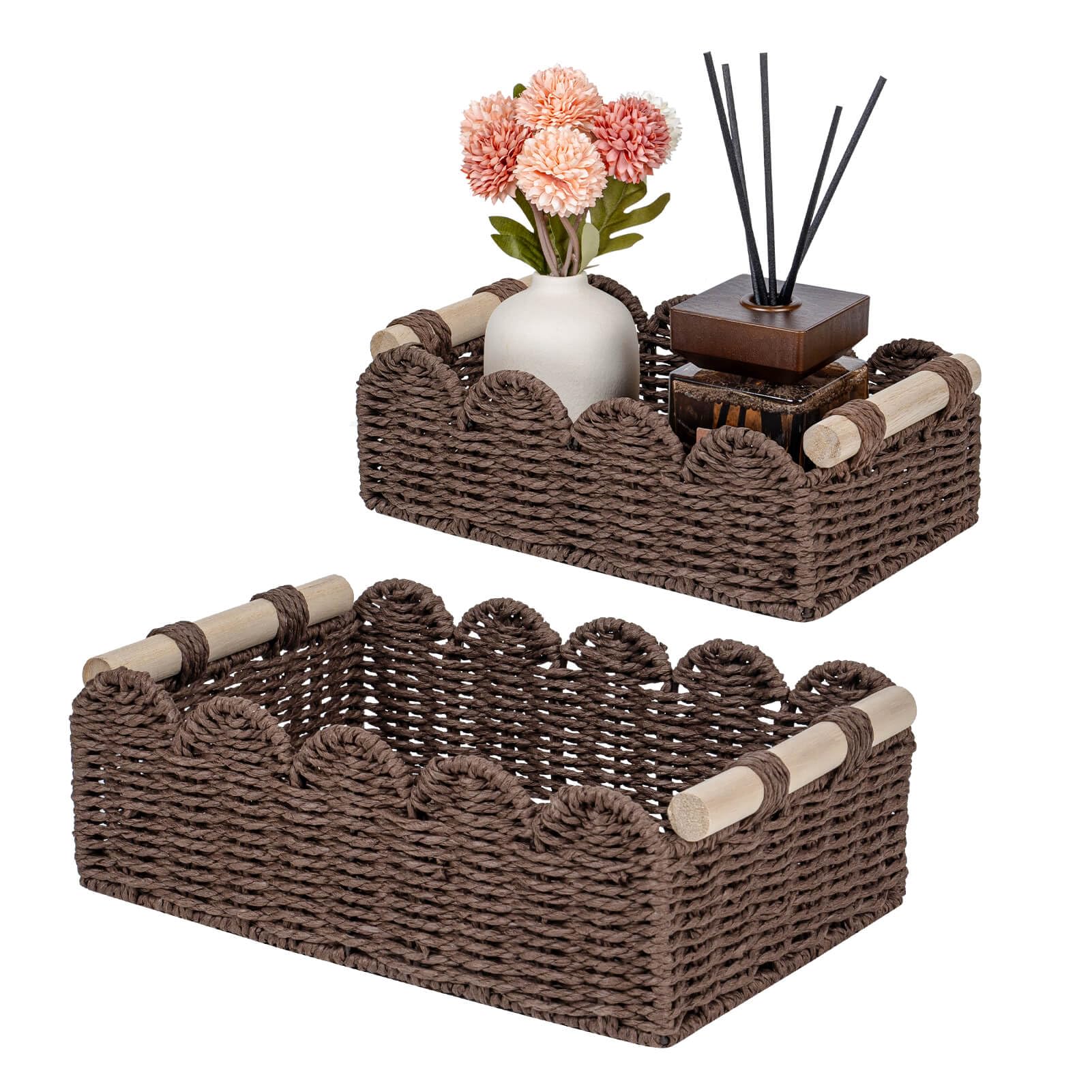 Photo 1 of CubesLand Paper Rope Scalloped Edge Shelves Baskets Set 2, Idea for Over Toilet Storage Shelf, End Table, Nightstand, Toilet Tank Basket with 2 Wood Handle, Stylist&Useful Both Storage&Decor, Brown