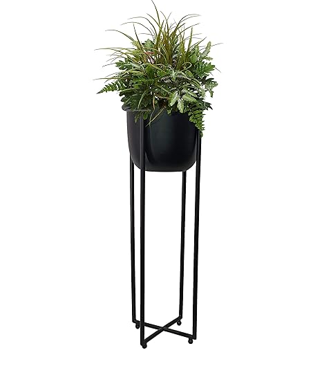 GIG Handicrafts Modern Iron Plant Stand with Iron Planter, Flower Pot Living Room Decor (23x23x60 cm Black)
