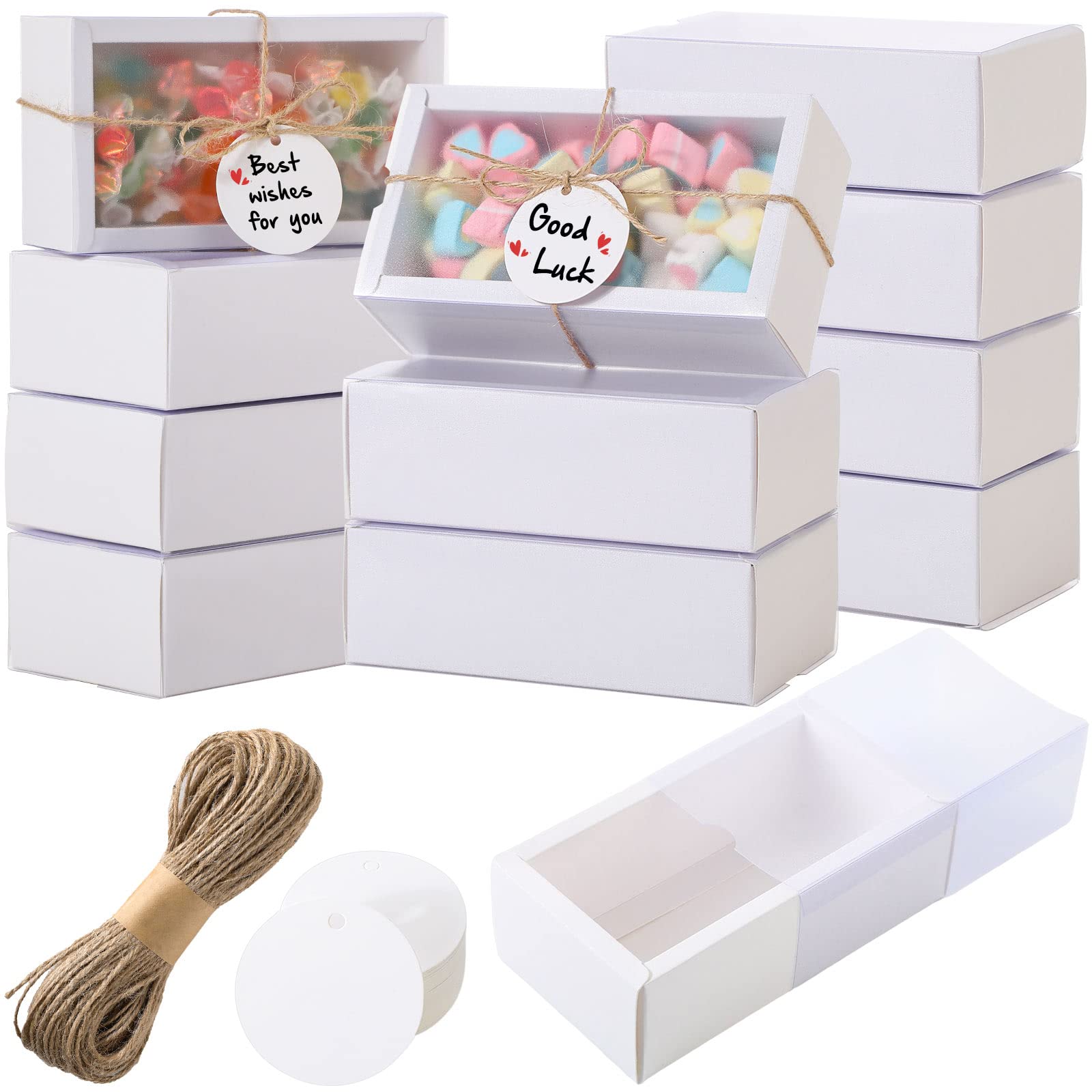Photo 1 of Roowest 50 Sets Kraft Gift Boxes Rectangle Kraft Paper Drawer Box with Window Homemade Soap Box with Blank Tags and Jute String for Jewelry Candy Wrapping Party Favor(White, 6.3 x 3.5 x 2 Inch)
