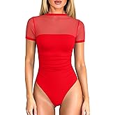 OQQ Women Short Sleeve Bodysuit Tummy Control Shapewear Mesh One Piece Leotard Shirts Going Out Tops