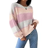 SKAYS Women's Colorblock Striped Sweater Casual Loose Round Neck Drop Shoulder Knitted Pullover