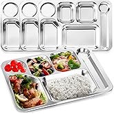 Nexboraque 4 Pack Stainless Steel Divided Plates Tray, 6 Sections Rectangular Dinner Plates Control Plates for Adults, Picky Eaters, Campers, Diet Food Portion Control