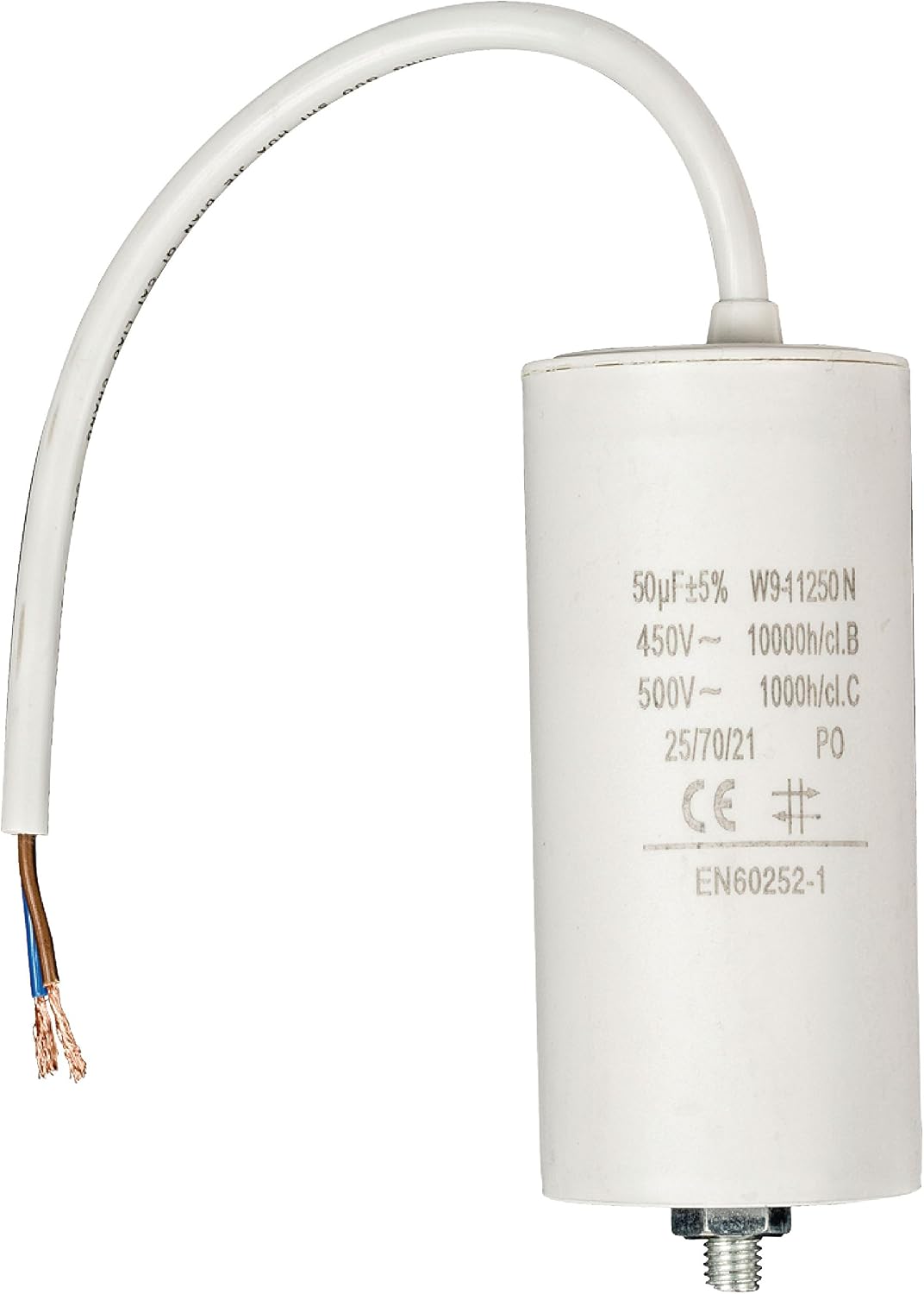Invero Washing Machine Motor Capacitor 50.0uf - 450V Wired 250mm Cable - Dimensions: 50 x 109 mm - White