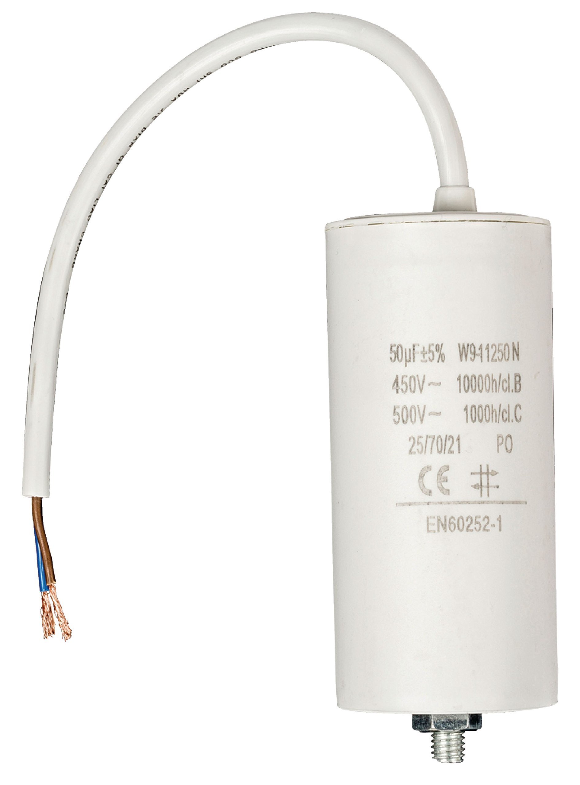 Invero Washing Machine Motor Capacitor 50.0uf - 450V Wired 250mm Cable - Dimensions: 50 x 109 mm - White