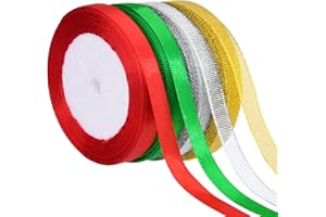 Hapeper 4 Rolls 100 Yards Christmas Ribbon Satin Metallic Glitter Ribbons for Gift Wrapping, Christmas Tree Wreath Decoration (10mm Wide)