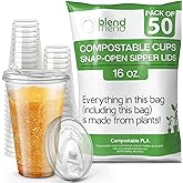 The blend friend [16oz, 50 pack] Compostable Cups with Lids – Eco plant based cups with strawless snap-fit sipper lids- Green Eco Friendly Alternative to Clear Plastic Cups with