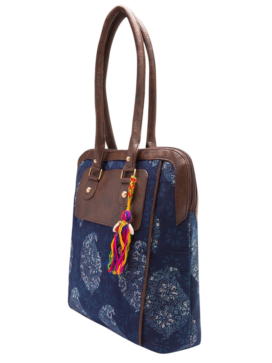 vivinkaa ethnic printed blu flower tote bag with zip for women