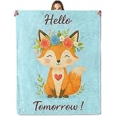mrfwo Cute Fox Blanket, Soft Flannel Floral Animal Hello Tomorrow Throw Blankets, Lightweight Warm Bed Travel Cabin Couch, Gifts for Women Girls Nature Lovers Kids, Cheerful Room Decor 50"×60"