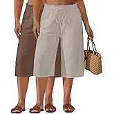 Neer 2 Pack Women's Plus Size Linen Capris Wide Leg High Waisted Drawstring Cropped Pants Beach Pants with Pockets