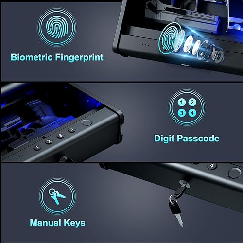 Biometric Gun Safe For Handgun - Fingerprint, Keypad, Key Lock With Steel Cable & Interior Light