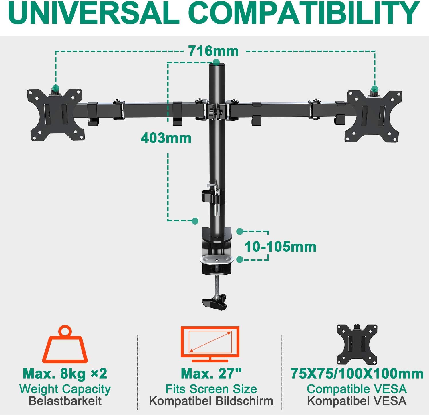 ELIVED Dual Monitor Arms for 13-32 inch LED LCD Screens, Flat/Curved, VESA 75/100mm, Adjustable Height, Tilt & Swivel, Up to 8KG, EV002 - Image 4