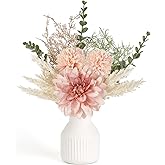 Mkono Small Artificial Flowers in Ceramic Vase 13.5" Centerpieces Coffee Table Decor, Silk Flower Arrangements for Home Decor Indoor Fake Flower Bouquet for Bathroom Dining Room Kitchen Wedding Pink